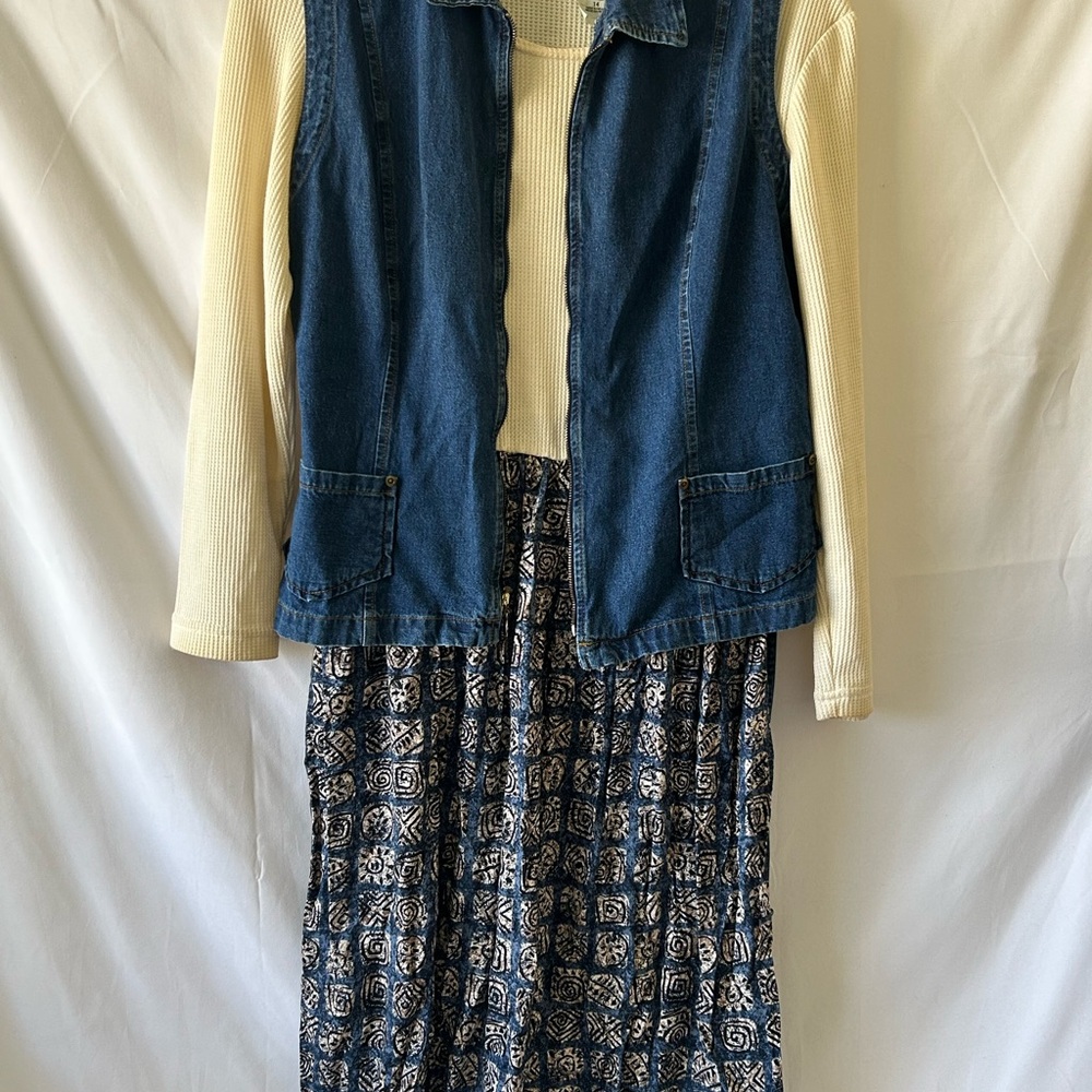 Blue Denim Vest with Patterned Long Sleeve Dress